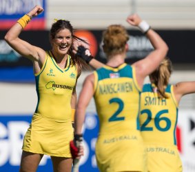 Anna Flanagan, left, in action for the Hockeyroos against Japan.