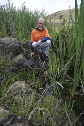Conservationist, Phillip Fowler on his property near Blakney Creek, North East of Yass. He has helped re-vegetate Lang's Creek that flows through his property and contains the endangered fish species, Pygmy Perch.