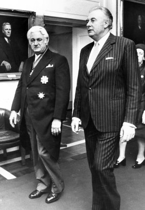 John Kerr and Prime Minister Gough Whitlam in the King's Hall, Parliament House, Canberra on July 11, 1974.