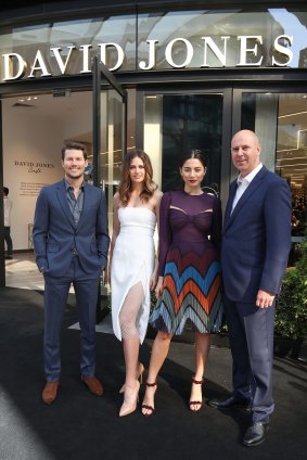 David Jones CEO John Dixon (right) and DJs ambassadors (from left), Jason Dundas, Jesinta Campbell and Jessica Gomes.