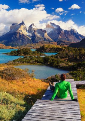 Torres del Paine National Park (UNESCO Site) looking at Cuernos del Paine peaks and Lake Pehoe.