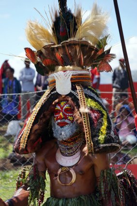 A Highlands tribesman wears an elaborate headdress at the Mount Hagen Cultural Show.