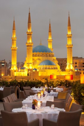 A restaurant terrace  overlooking Mohammad Al-Amin Mosque at Martyrs Square in Beirut, Lebanon.