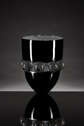 Tom Rowney's ''Open black bowl with spheres'', blown and hot-formed glass with cane work