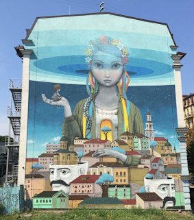 A mural that appeared in spring 2014 as part of the annual French Spring festival. Painted by Julien "Seth" Mallan, of France, and Oleksiy Kislov, of Ukraine, it  symbolises national rebirth.