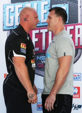Face-to-face: Anthony Watts (left) and Paul Gallen get up close and personal at Tuesday's weigh-in.