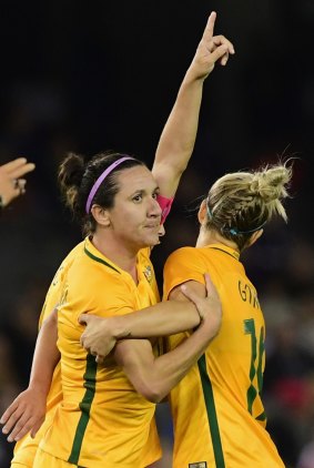 The Matildas' Lisa De Vanna celebrates a goal in the international friendly with New Zealand on Tuesday. 