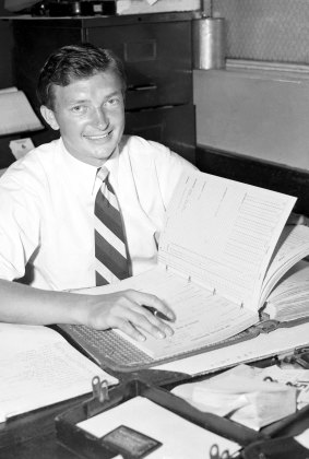 Australian cricketer Richie Benaud pictured at work in the mid 1950s.