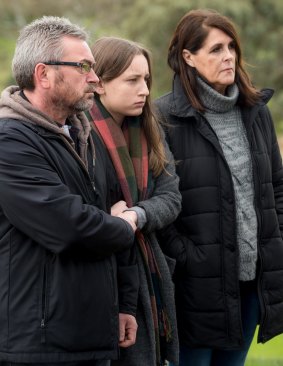 Karen Ristevski's family (L-R) her husband Borce, daughter Sarah and aunt Patricia at a public appeal last month.