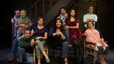 Cast of the play, Tales of A City by the Sea, when it premiered in 2014. Playwright Samah Sabawi is seated in the middle.
