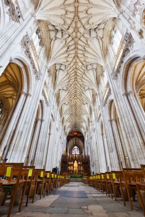 The gothic interior of Winchester Cathedral.
