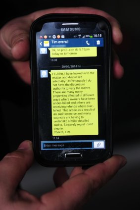 A text message believed to be sent from Tim Overall to John Zafiris. 