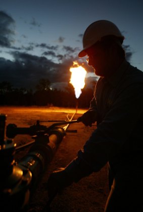 Coal seam gas field flaring near Chinchilla in Queensland.