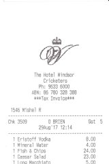 Receipt for lunch  at the Cricketers Bar.