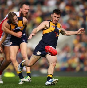 Big boot: Luke Shuey gets a kick away during West Coast’s win over the Demons on Saturday. 