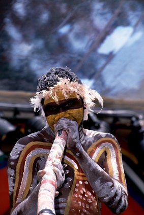 An Indigenous performer at the launch of the International Year of the World's Indigenous People (1993) at Redfern Park, Sydney, on December 10, 1992. 