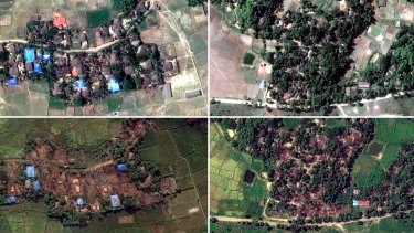 Two villages in Rakhine state, Myanmar, before and after they were destroyed: Kyet Yoe Pyin is shown at left in March and November  2016, and Wa Peik in 2014 and November 2016.
