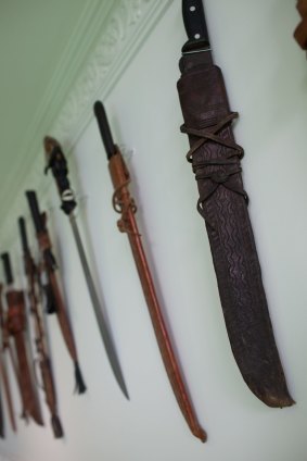 Cutting-edge souvenirs: Each machete is from a trip to Latin America to source cacao.