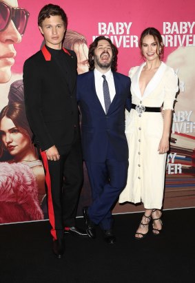 Elgort with director Edgar Wright and Lily James on the black carpet in Sydney.
