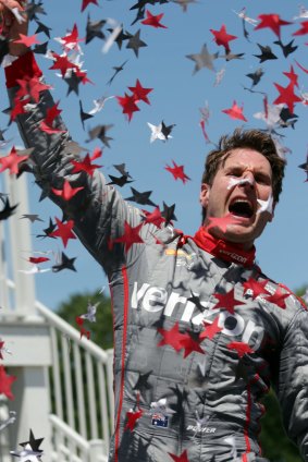 Will Power reacts to his IndyCar win in Wisconsin on Sunday. 
