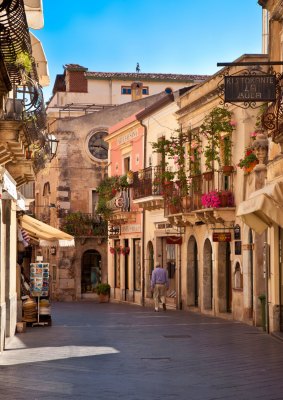 Early morning walk through Taormina, Messina Sicily Italy.