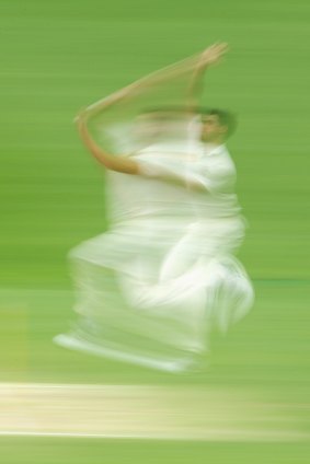Whirlwind: Mitchell Starc bowls during the first Test against New Zealand at the Gabba.