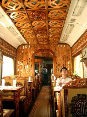 The dining car of the Trans-Mongolian Railway.