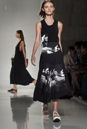 The Victoria Beckham Spring 2016 collection is modeled during Fashion Week in New York, Sunday, Sept. 13, 2015. (AP Photo/Richard Drew)