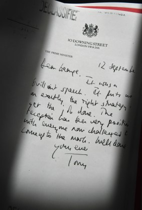 A declassified handwritten letter sent by Tony Blair to George W. Bush.