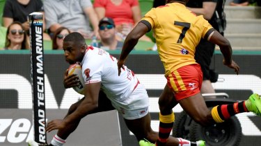 Stroll: Jermaine McGillvary goes over out wide for one of his two tries.