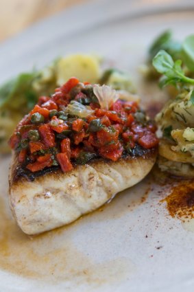 Blue-eyed cod, crushed potatoes, capsicum salsa. 