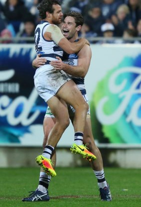 Clunk: And that's another for Cats big man Tom Hawkins, who celebrates with Steven Motlop.