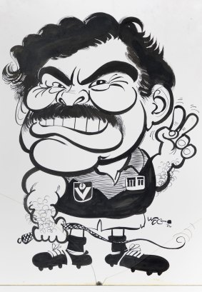 An original WEG cartoon of Ron Barassi, signed 'WEG `82'. Estimate: $1200-$1800.