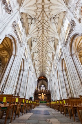 Gothic interior of Winchester Cathedral.