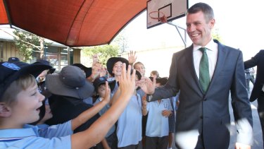 "Nothing worthwhile in life comes easy": Premier Mike Baird gives advice to the throngs of Balgowlah Heights public school students. 