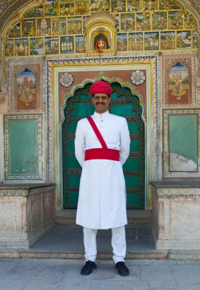 A guard at Samode Haveli luxury hotel in Jaipur, Rajasthan.