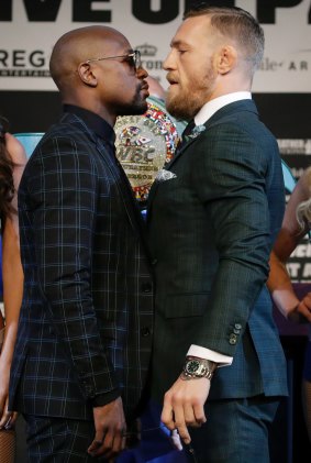 Face-off: Floyd Mayweather, left, and Conor McGregor at a news conference in Las Vegas on Wednesday.