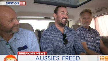 The 60 Minutes crew, Stephen Rice, Ben Williamson and David Ballment, following their release from a Lebanon jail.