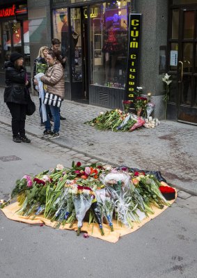 Dried blood remains on the pavement on Drottninggatan at the scene of the terrorist truck attack.