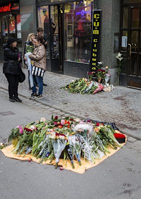 Dried blood remains on the pavement on Drottninggatan at the scene of the terrorist truck attack.