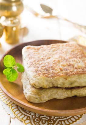 Martabak or murtabak, also mutabbaq, is a stuffed pancake or pan-fried bread which is commonly found in Saudi Arabia.