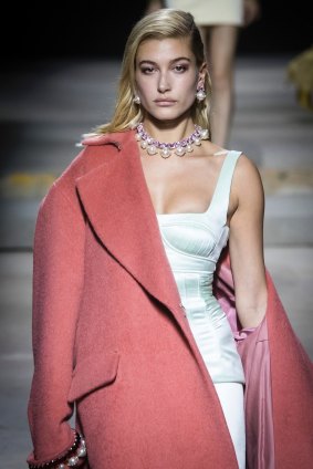 Model Hailey Baldwin wears a creation by Topshop at its London Fashion Week show. 
