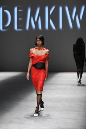 A model wearing a design by Demkiw at Melbourne Fashion Week. The brand will be carried at Myer from next week.