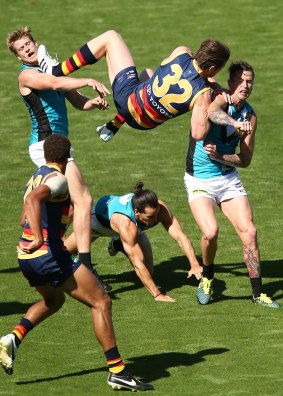 Take-off: Patrick Dangerfield of the Crows contests a mark. 