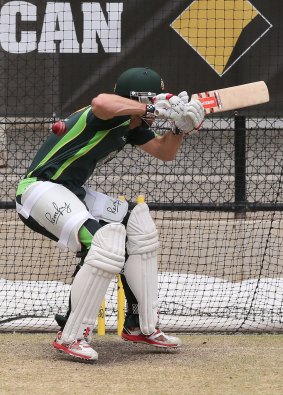 Shaun Marsh nearly gets hit by a bouncer from James Pattinson in the nets at the Adelaide Oval on Monday.