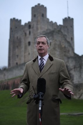 Fortress Britain: Nigel Farage, the leader of the UK Independence Party, addresses the media in front of Rochester Castle.
