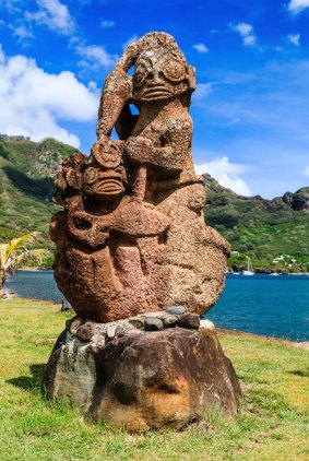 Tiki on the bay of Nuku Hiva, Marquesas Islands. 