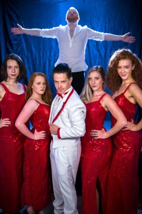 Top, Grant Pegg as Jesus; bottom, Will Huang (centre) as Judas with the Soul Sisters, from left, Tegan Braithwaite, Annabel Foulds, Demi Smith, Ali Rosenfeld in Jesus Christ Superstar.