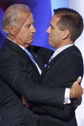 Joe Biden with his son Beau at the 2008 Democratic National Convention in Denver. Those close to Mr Biden say his son, who died in May, had encouraged his father to run.