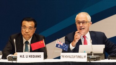 Australian Prime Minister Malcolm Turnbull with Chinese Premier Li Keqiang in Sydney. 